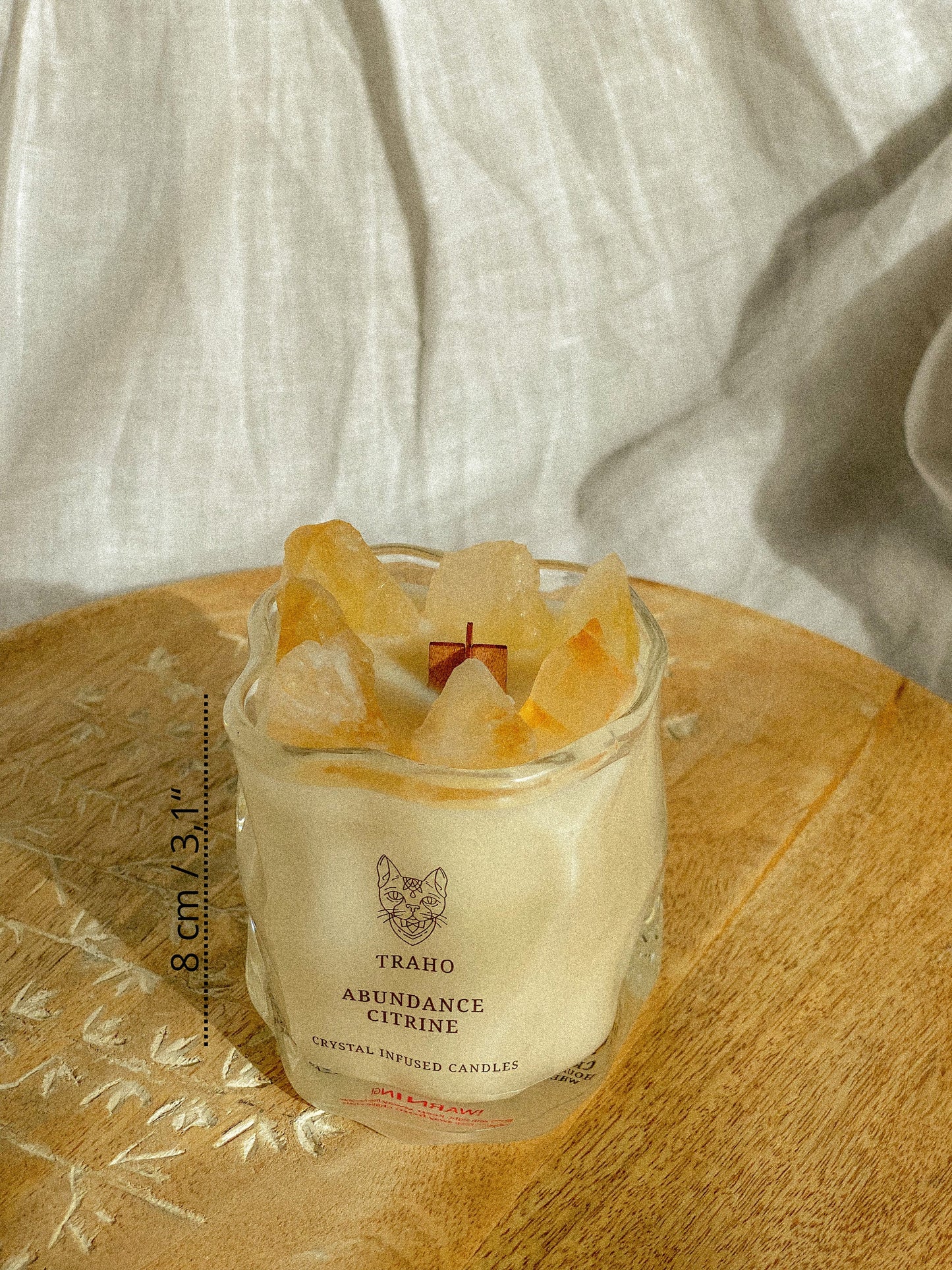 Traho Abundance Citrine Crystal Infused Soy Wax Natural 7 OZ Handmade Ritual CANDLE With Wooden Wick & Glitters, Natural Aromatherapy Candle