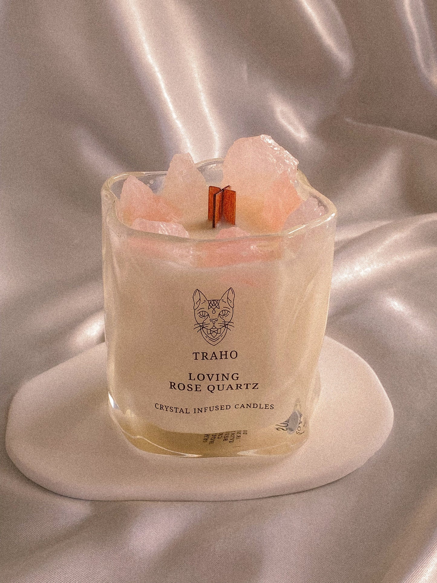 Traho Loving Rose Quartz Crystal Infused Soy Wax Natural 7 OZ Handmade Ritual CANDLE With Wooden Wick, Glitters, Natural Aromatherapy Candle