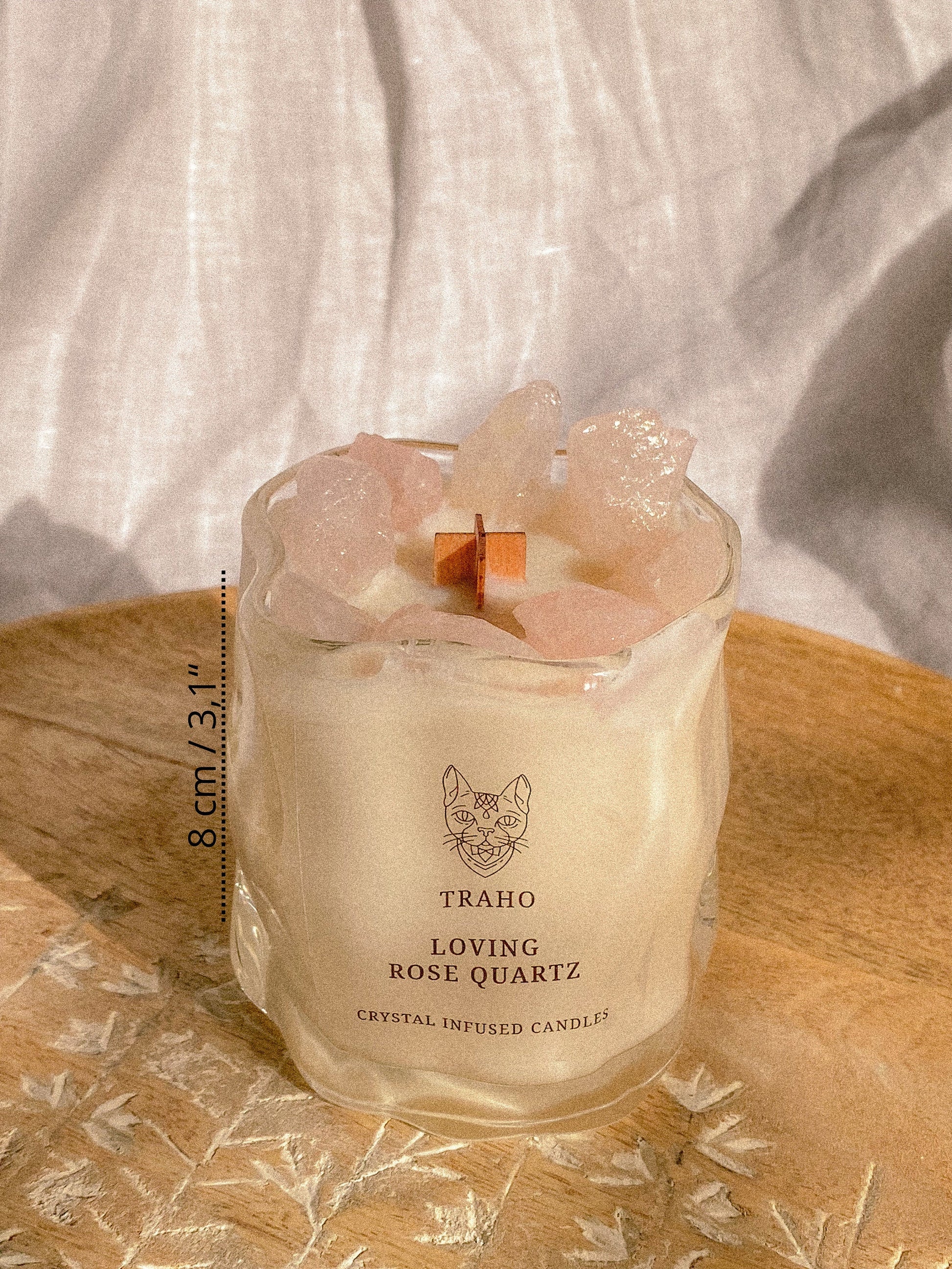 Traho Loving Rose Quartz Crystal Infused Soy Wax Natural 7 OZ Handmade Ritual CANDLE With Wooden Wick, Glitters, Natural Aromatherapy Candle