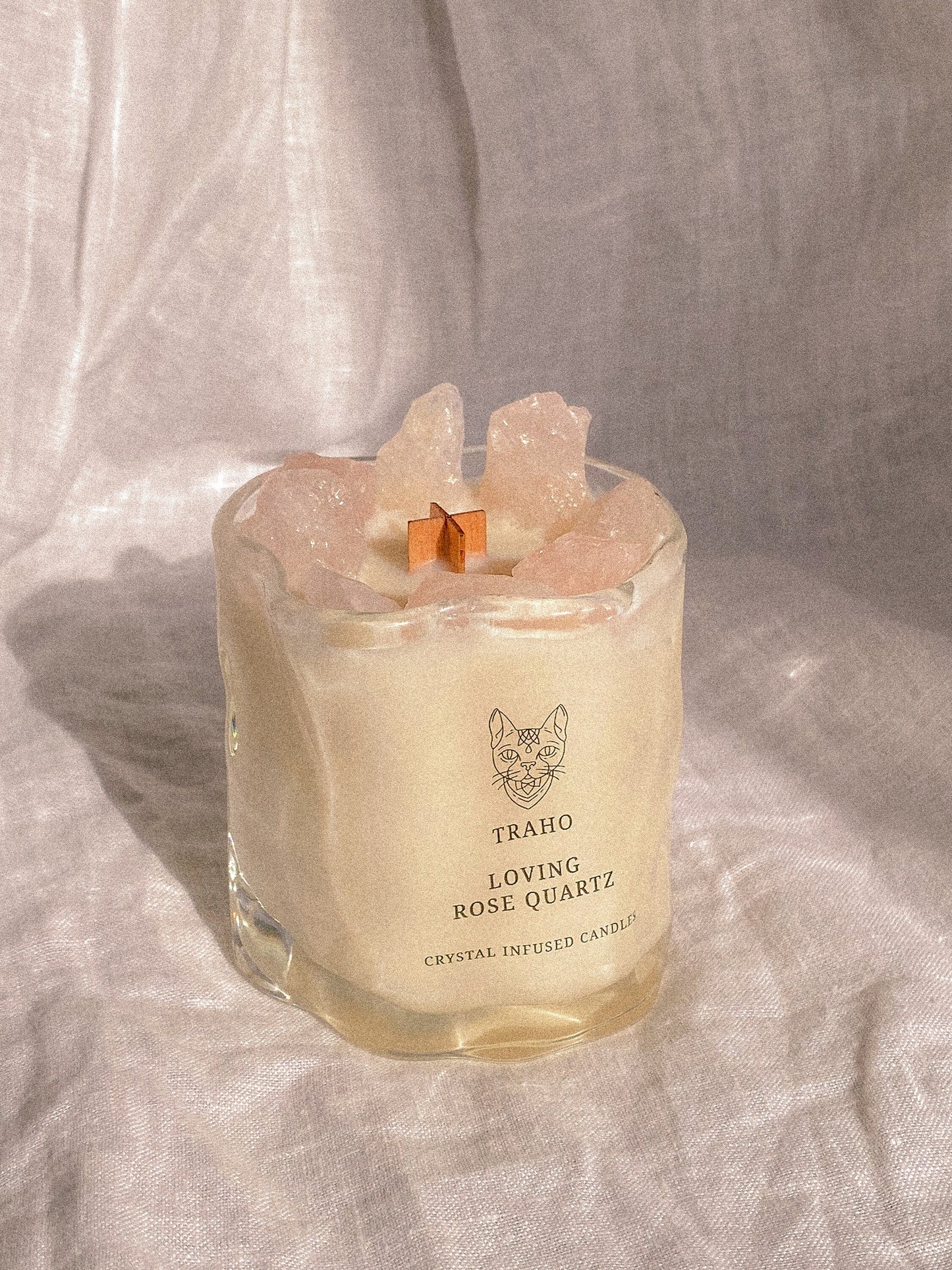 Traho Loving Rose Quartz Crystal Infused Soy Wax Natural 7 OZ Handmade Ritual CANDLE With Wooden Wick, Glitters, Natural Aromatherapy Candle