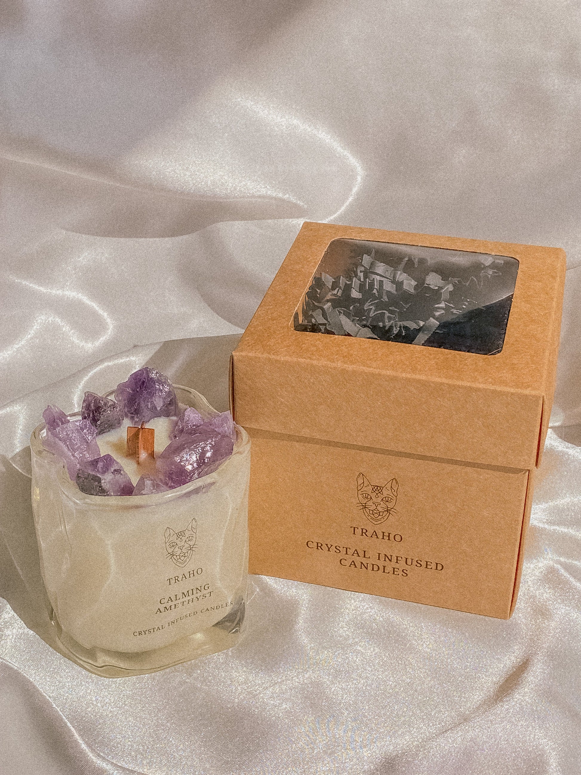 Traho Calming Amethyst Crystal Infused Soy Wax Natural 7 OZ. Handmade Ritual CANDLE With Wooden Wick & Glitters, Natural Aromatherapy Candle