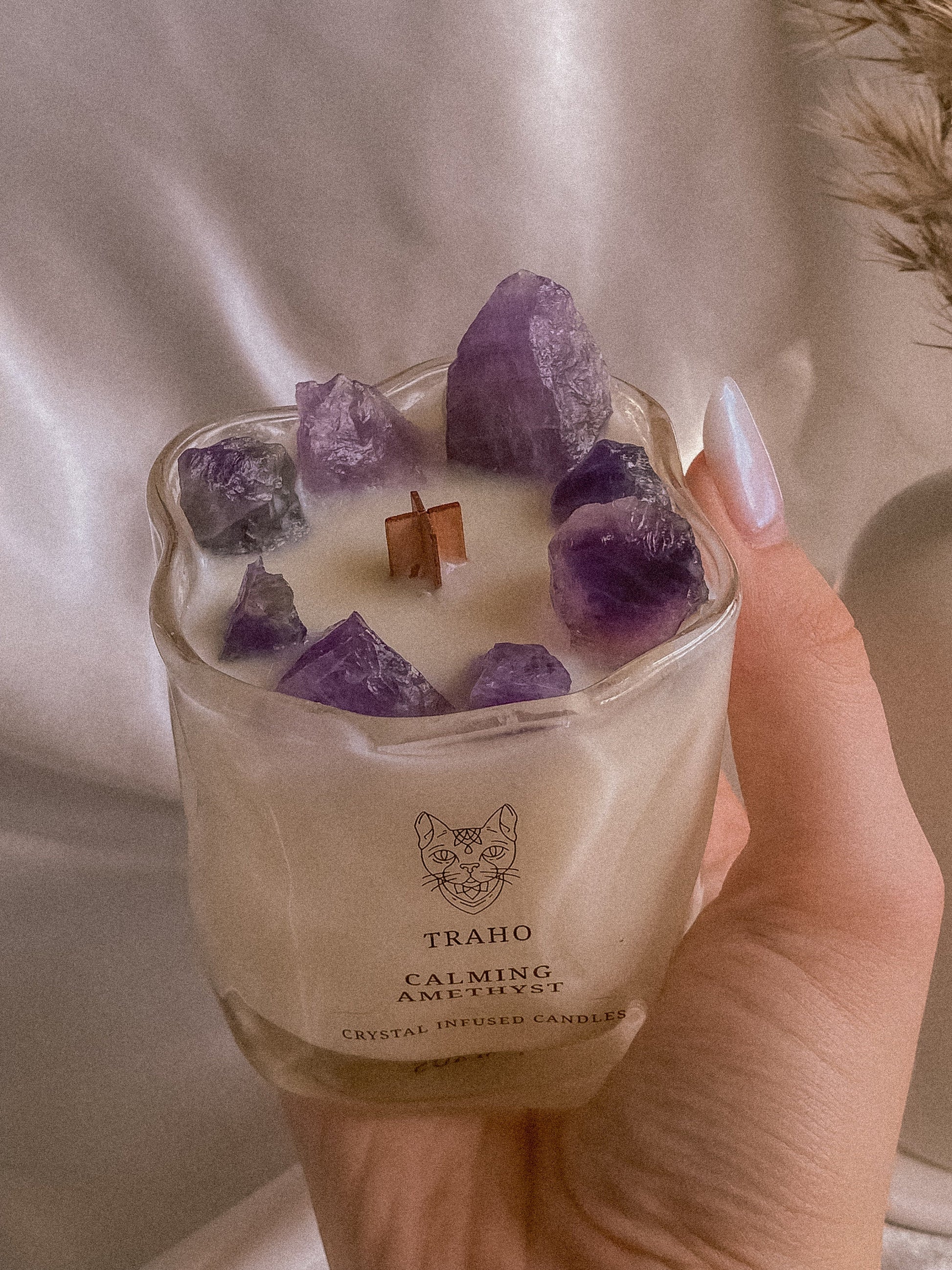 Traho Calming Amethyst, Loving Rose Quartz, Abundance Citrine Natural Crystal Infused Soy Wax Ritual Candles Wooden Wick Aromatherapy Bundle