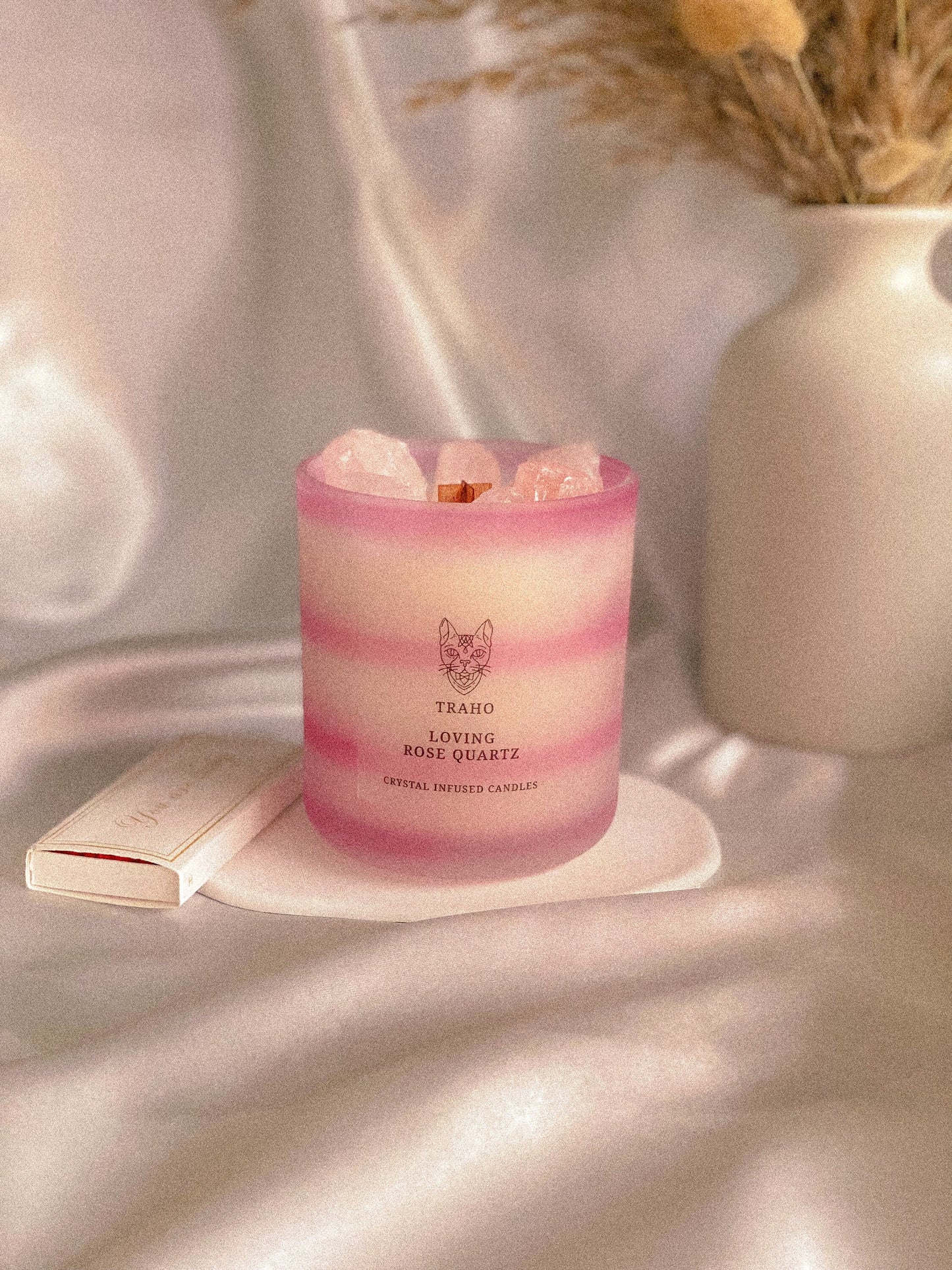 Traho Loving Rose Quartz Crystal Infused Soy Wax Natural 8 OZ CRYSTAL CANDLE With Wooden Wick & Glitters, Natural Candle With Rough Crystals