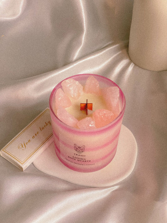 Traho Loving Rose Quartz Crystal Infused Soy Wax Natural 8 OZ CRYSTAL CANDLE With Wooden Wick & Glitters, Natural Candle With Rough Crystals