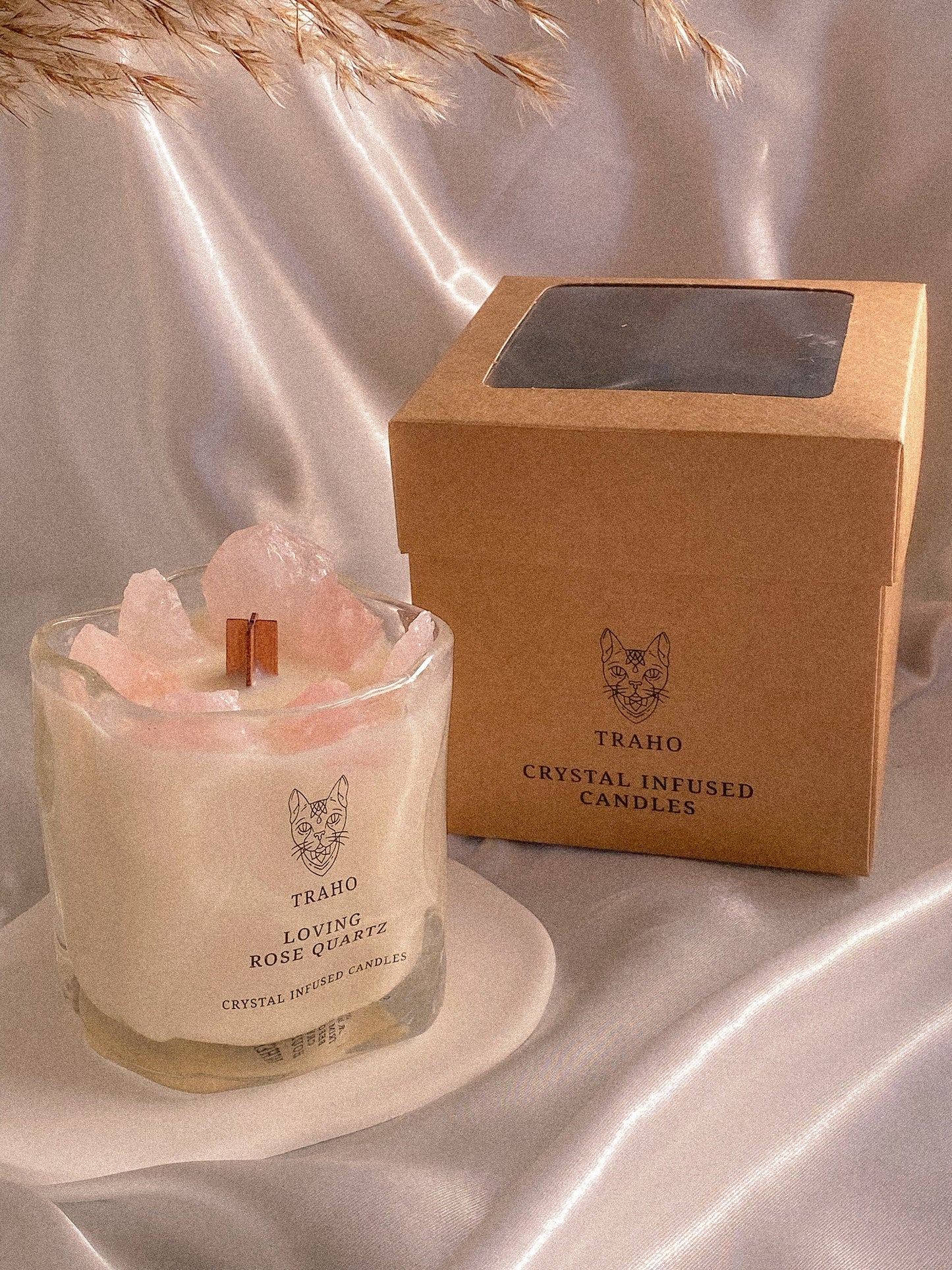 Traho Loving Rose Quartz Crystal Infused Soy Wax Natural 7 OZ Handmade Ritual CANDLE With Wooden Wick, Glitters, Natural Aromatherapy Candle