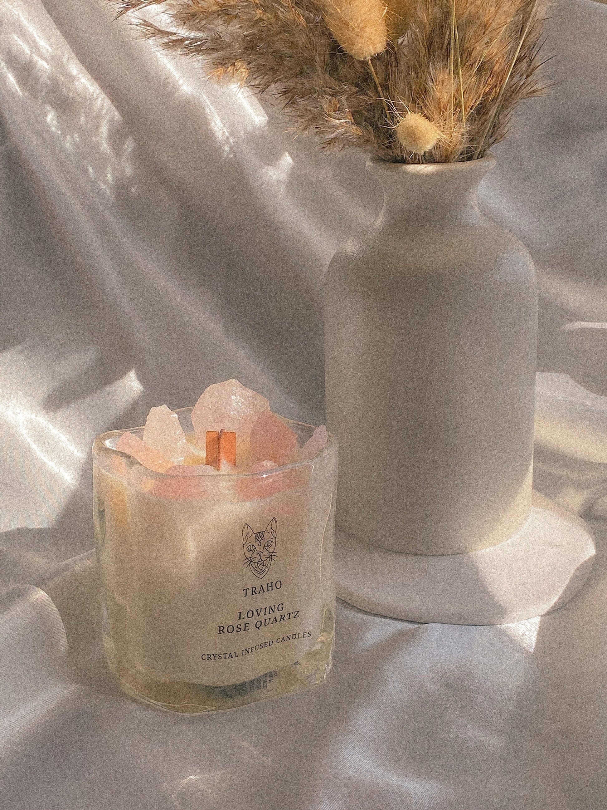 Traho Loving Rose Quartz Crystal Infused Soy Wax Natural 7 OZ Handmade Ritual CANDLE With Wooden Wick, Glitters, Natural Aromatherapy Candle