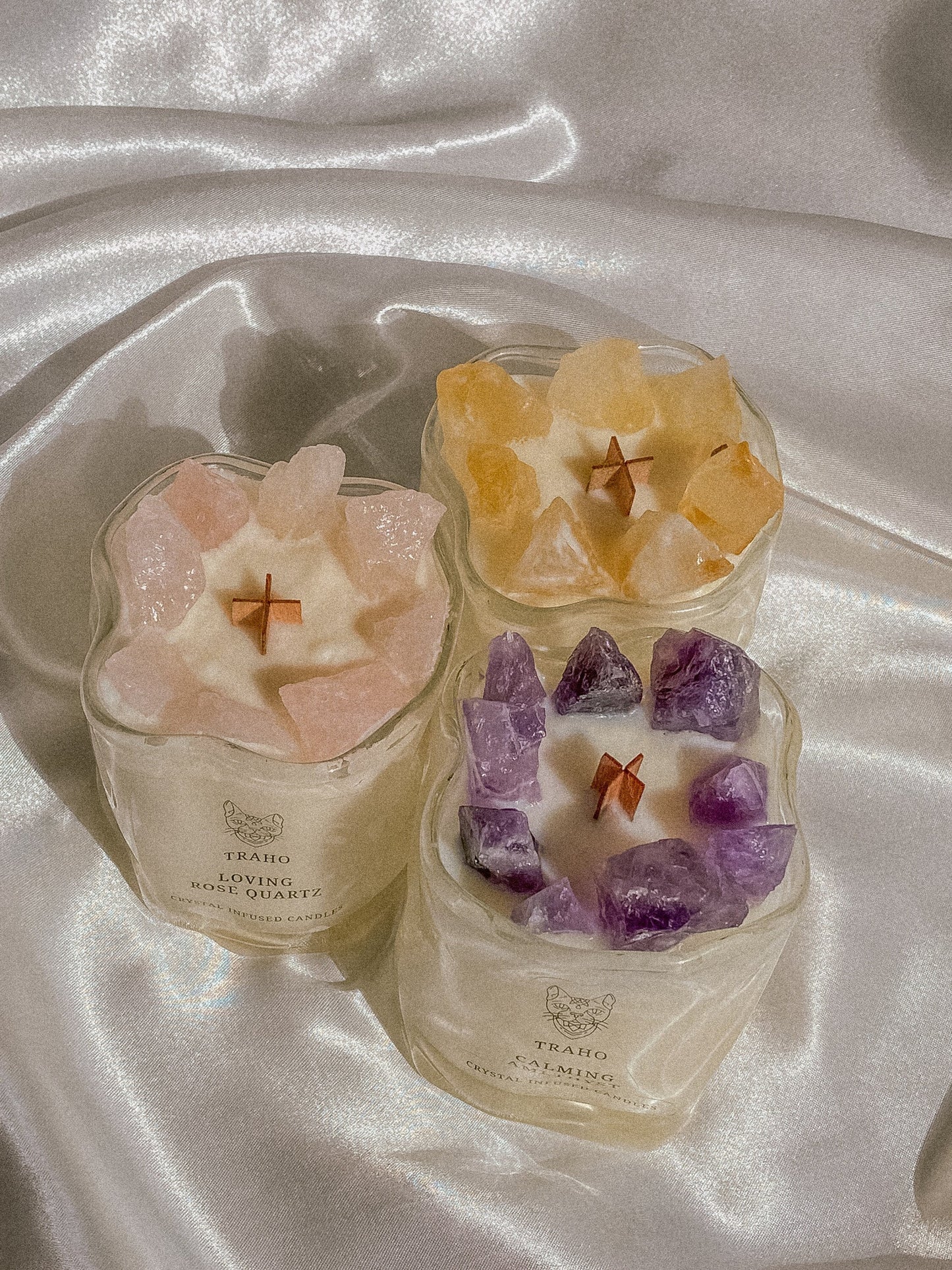 Traho Calming Amethyst, Loving Rose Quartz, Abundance Citrine Natural Crystal Infused Soy Wax Ritual Candles Wooden Wick Aromatherapy Bundle