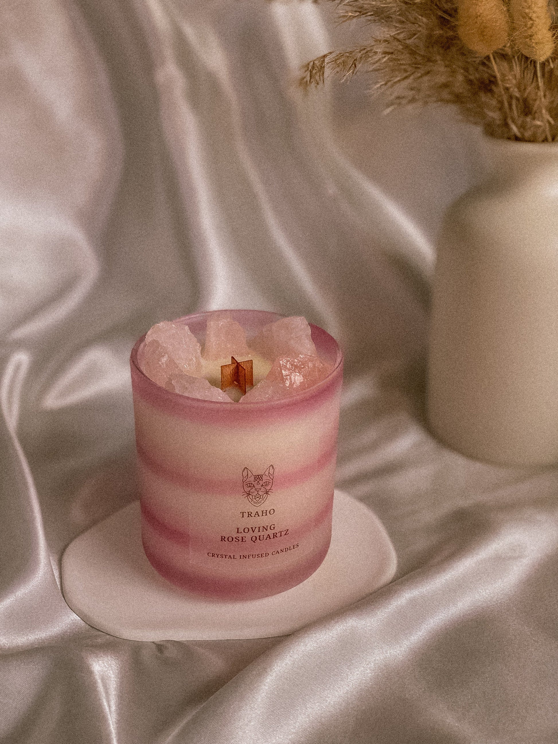 Traho Loving Rose Quartz Crystal Infused Soy Wax Natural 8 OZ CRYSTAL CANDLE With Wooden Wick & Glitters, Natural Candle With Rough Crystals