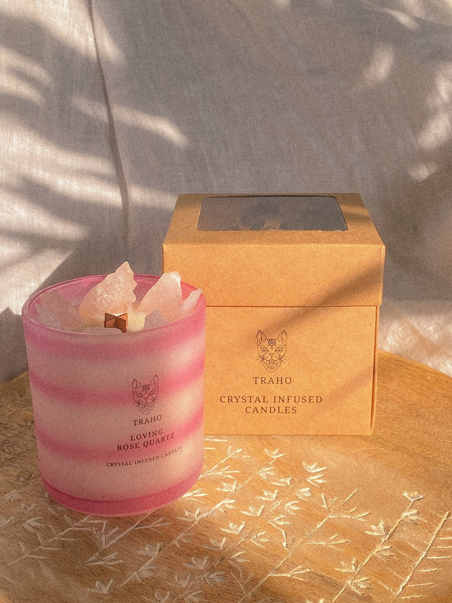 Traho Loving Rose Quartz Crystal Infused Soy Wax Natural 8 OZ CRYSTAL CANDLE With Wooden Wick & Glitters, Natural Candle With Rough Crystals