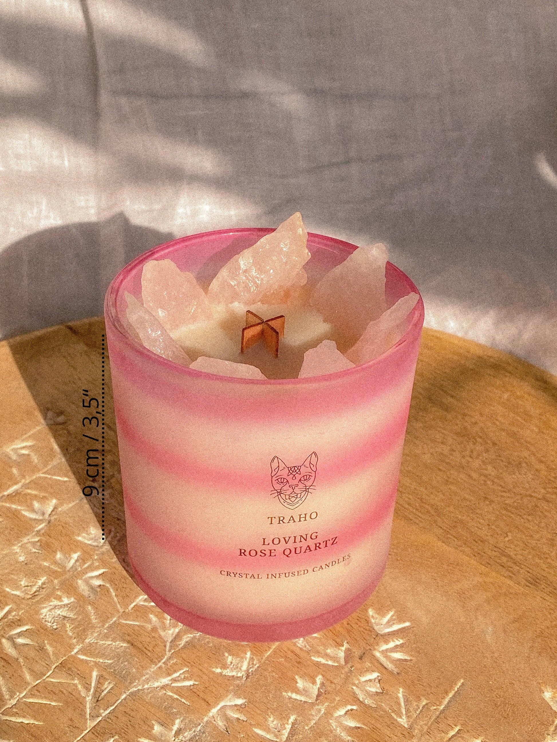 Traho Loving Rose Quartz Crystal Infused Soy Wax Natural 8 OZ CRYSTAL CANDLE With Wooden Wick & Glitters, Natural Candle With Rough Crystals