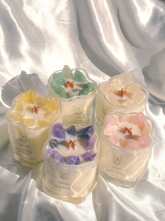 Traho Amethyst, Rose Quartz, Citrine, Clear Quartz, Aventurine Natural Crystal Infused Soy Wax Ritual Candle Wooden Wick Aromatherapy Bundle