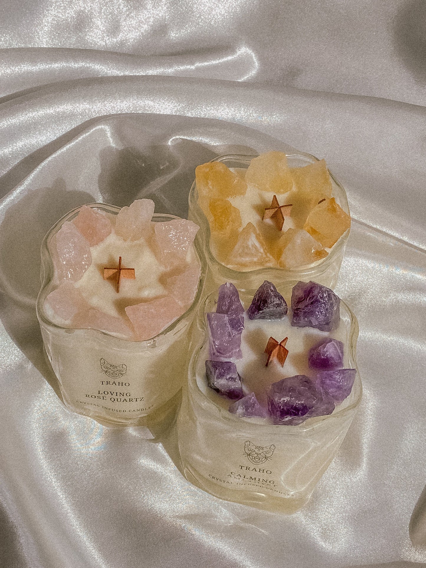 Traho Amethyst, Rose Quartz, Citrine, Clear Quartz, Aventurine Natural Crystal Infused Soy Wax Ritual Candle Wooden Wick Aromatherapy Bundle