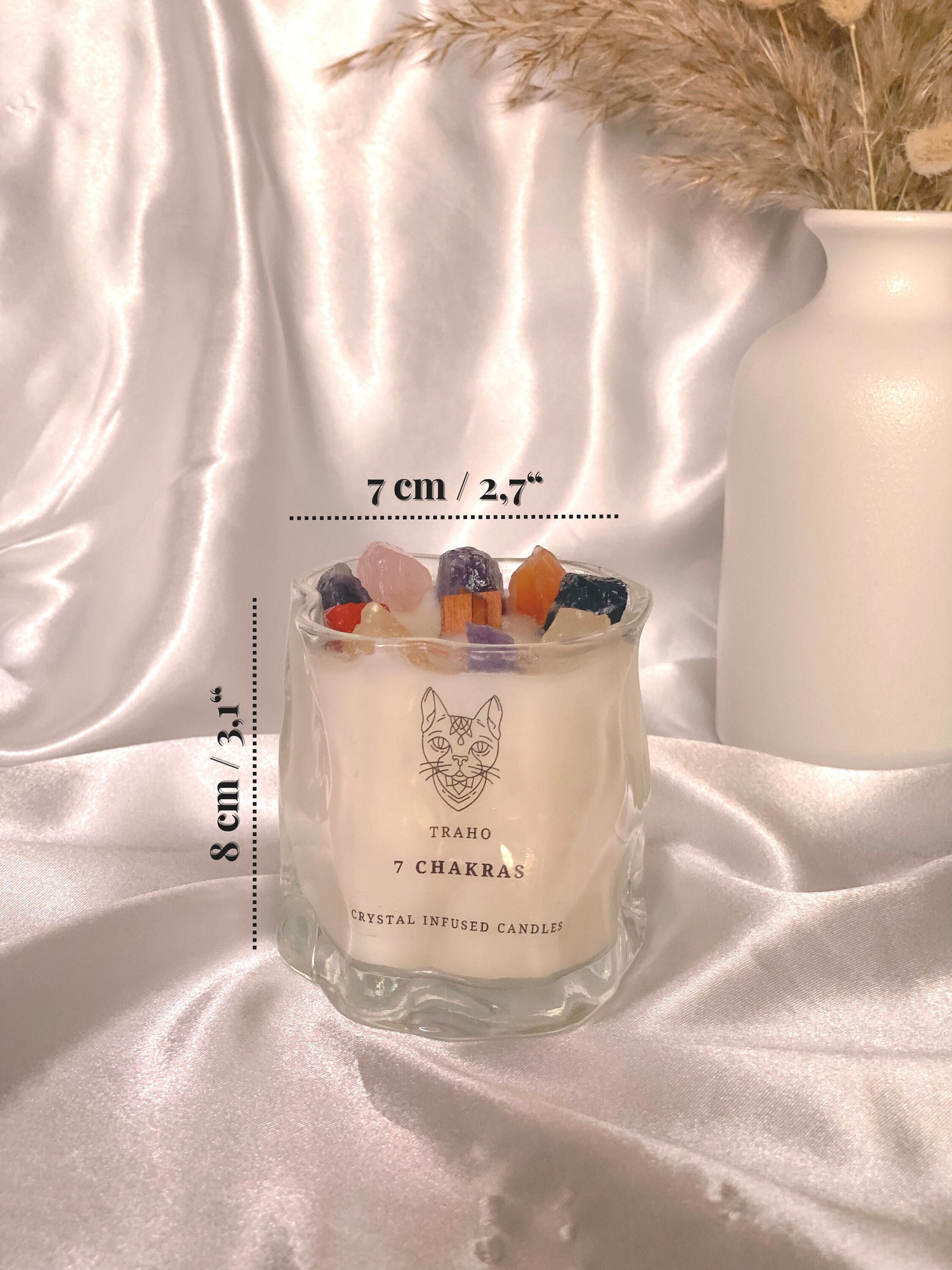 Traho 7 Chakras Genuine Crystals Infused Soy Wax Natural 7 OZ. Handmade Ritual CANDLE With Wooden Wick & Glitters Aromatherapy Candle, Oils