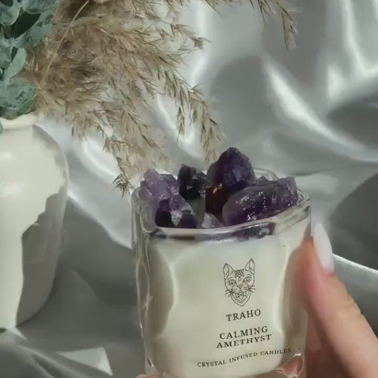 Traho Calming Amethyst Crystal Infused Soy Wax Natural 7 OZ. Handmade Ritual CANDLE With Wooden Wick & Glitters, Natural Aromatherapy Candle