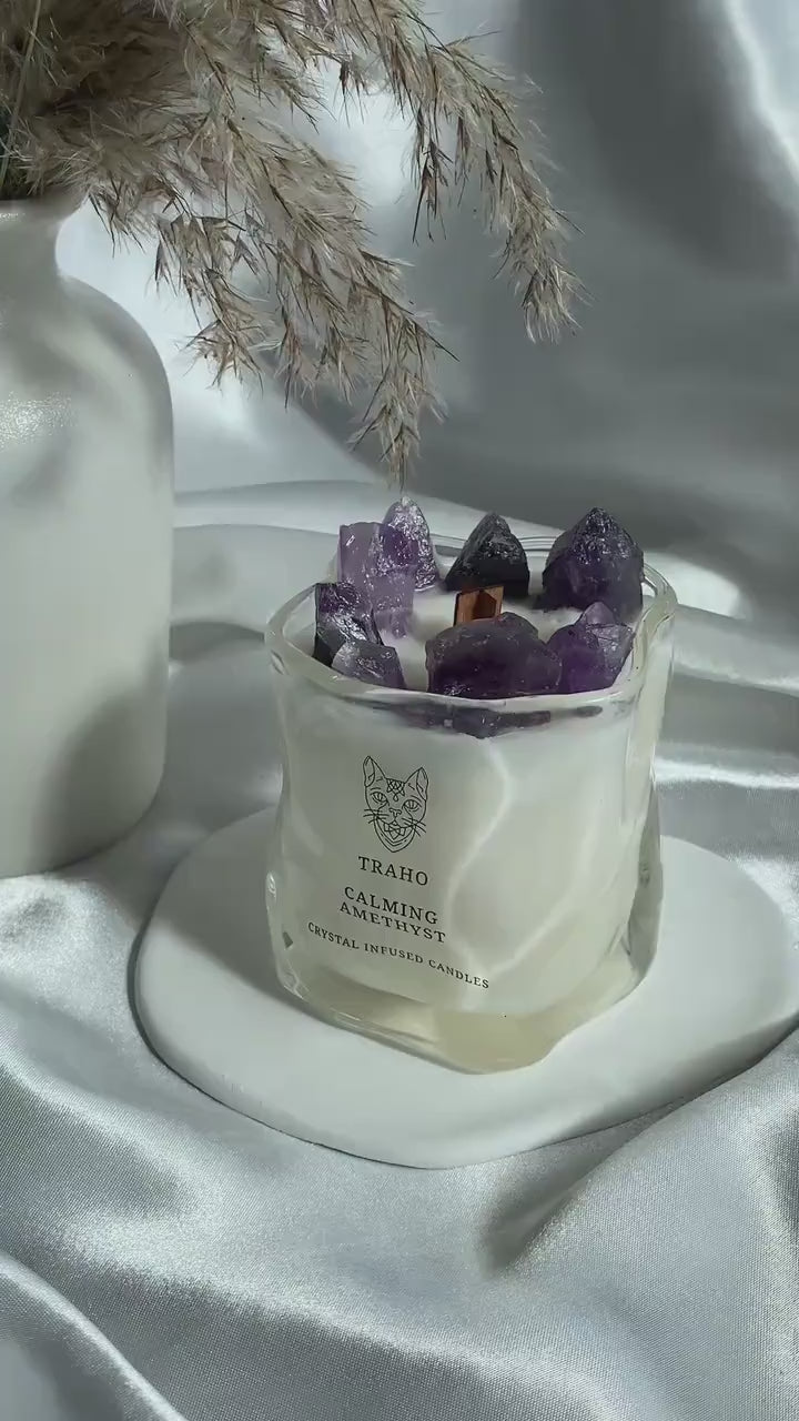 Traho Calming Amethyst, Loving Rose Quartz, Abundance Citrine Natural Crystal Infused Soy Wax Ritual Candles Wooden Wick Aromatherapy Bundle