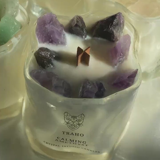 Traho Amethyst, Rose Quartz, Citrine, Clear Quartz, Aventurine Natural Crystal Infused Soy Wax Ritual Candle Wooden Wick Aromatherapy Bundle