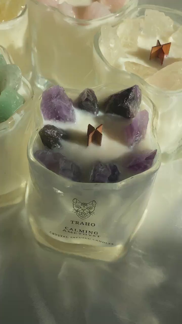 Traho Amethyst, Rose Quartz, Citrine, Clear Quartz, Aventurine Natural Crystal Infused Soy Wax Ritual Candle Wooden Wick Aromatherapy Bundle